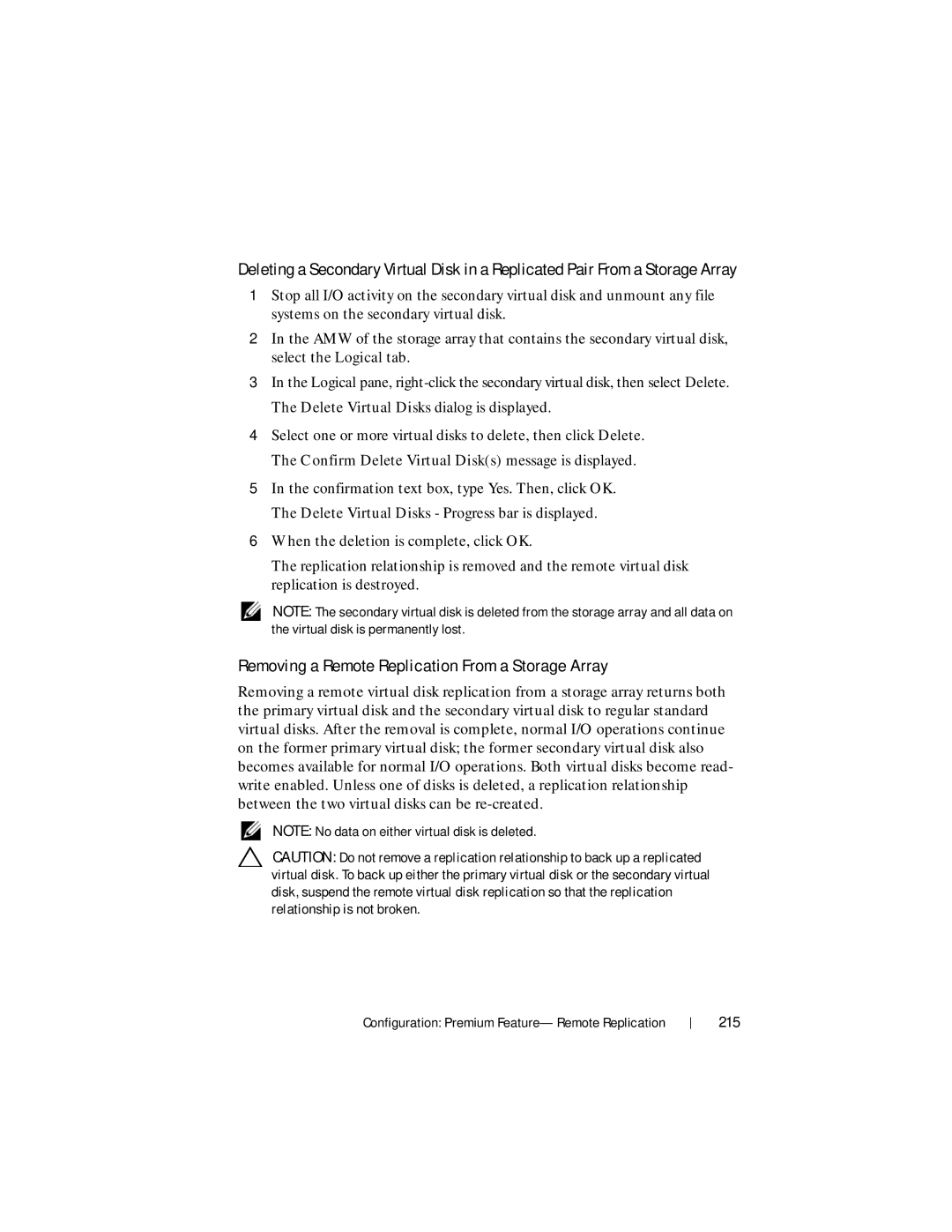 Dell MD3620F, MD3600f owner manual Removing a Remote Replication From a Storage Array, 215 