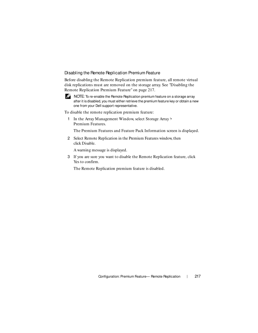 Dell MD3620F, MD3600f owner manual Disabling the Remote Replication Premium Feature, 217 