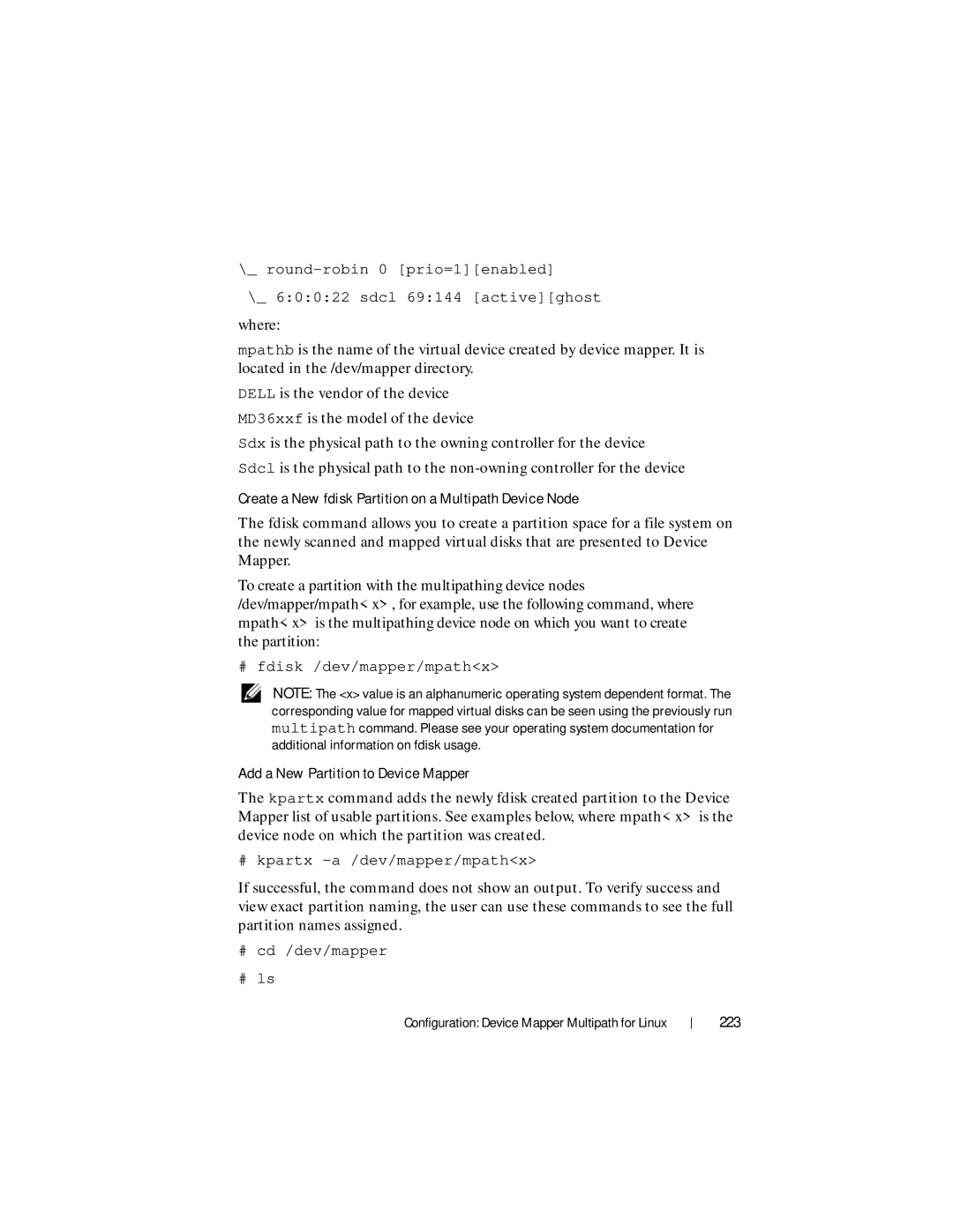 Dell MD3620F, MD3600f Create a New fdisk Partition on a Multipath Device Node, Add a New Partition to Device Mapper, 223 