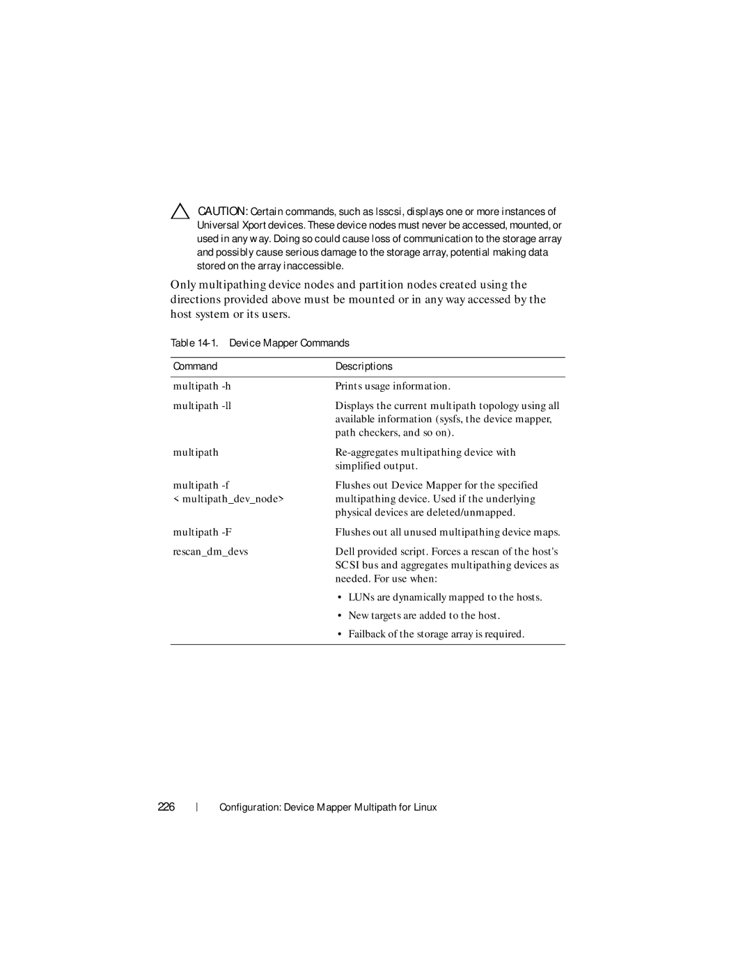 Dell MD3600f, MD3620F owner manual 226, Device Mapper Commands Descriptions 