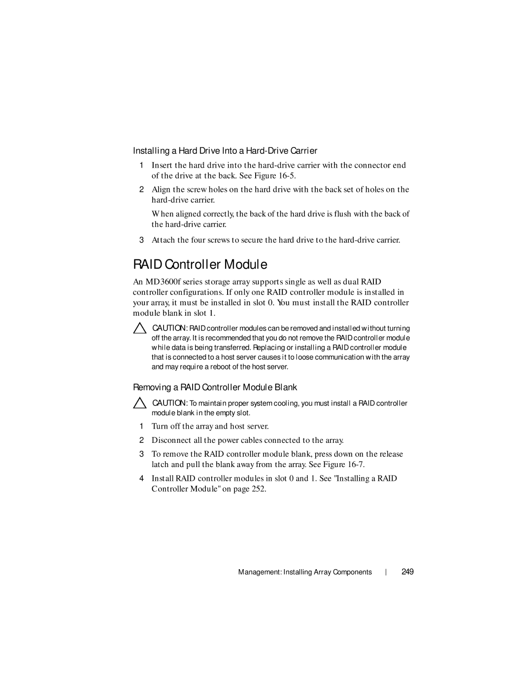 Dell MD3620F, MD3600f owner manual RAID Controller Module, Installing a Hard Drive Into a Hard-Drive Carrier, 249 