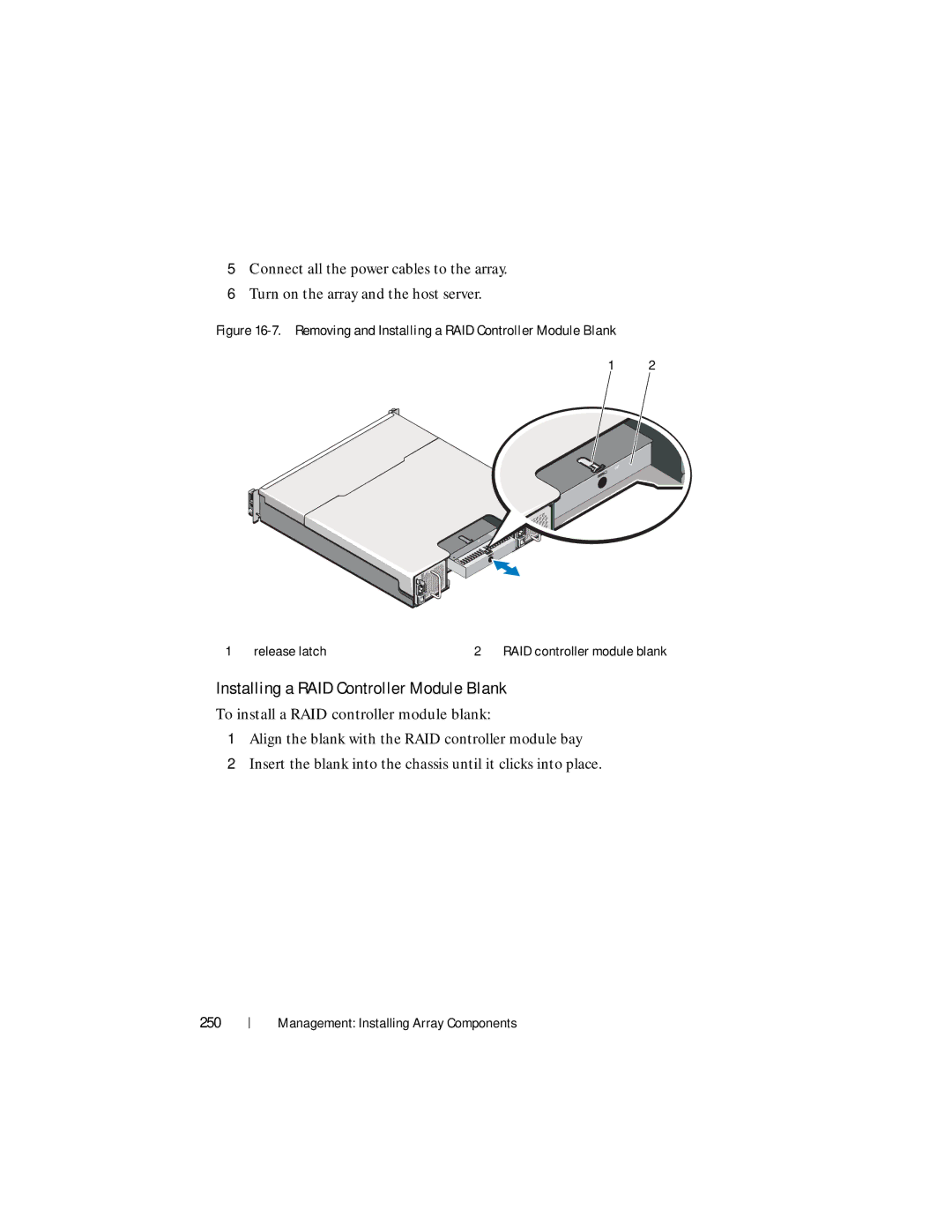 Dell MD3600f, MD3620F owner manual Installing a RAID Controller Module Blank, 250 