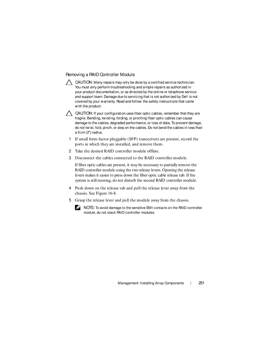 Dell MD3620F, MD3600f owner manual Removing a RAID Controller Module, 251 