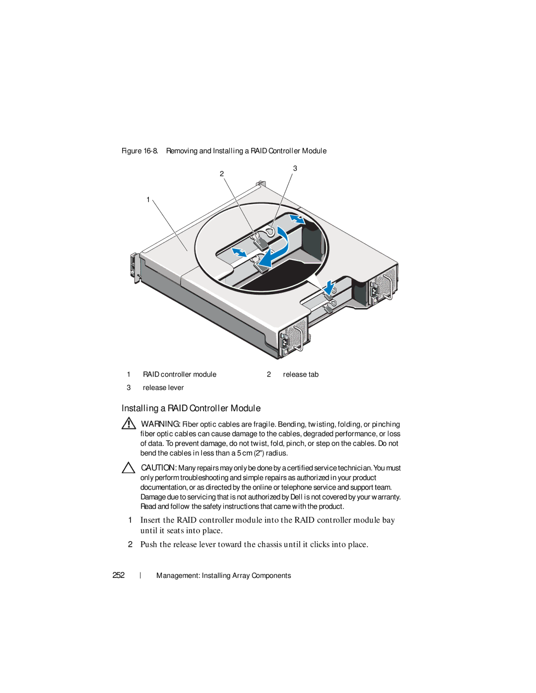 Dell MD3600f, MD3620F owner manual Installing a RAID Controller Module, 252 