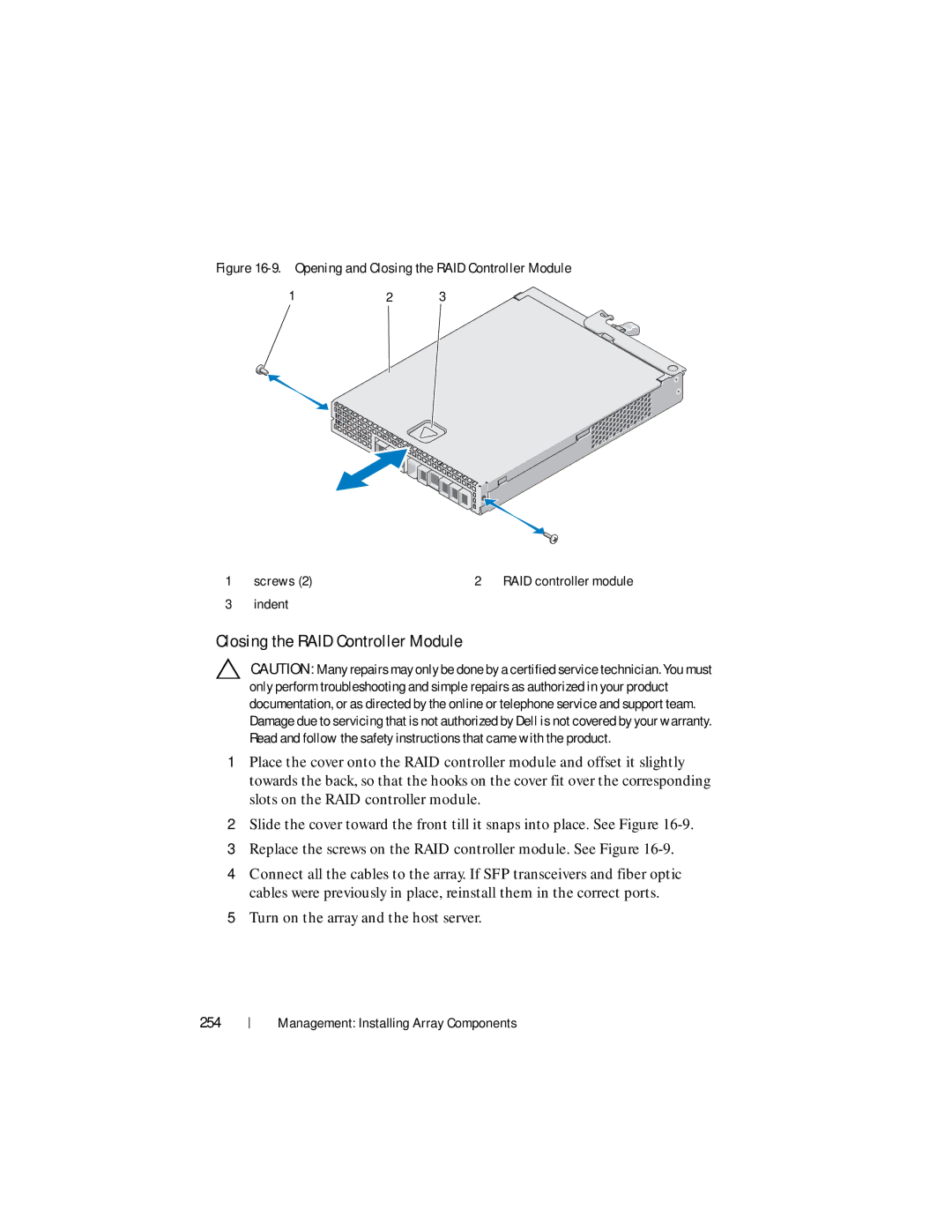 Dell MD3600f, MD3620F owner manual Closing the RAID Controller Module, 254 