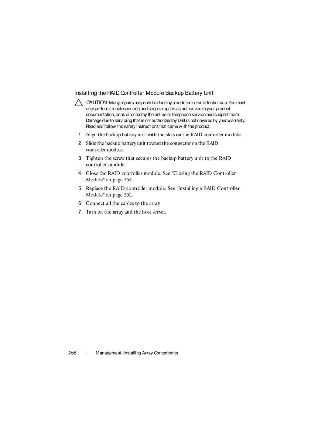 Dell MD3600f, MD3620F owner manual Installing the RAID Controller Module Backup Battery Unit, 256 