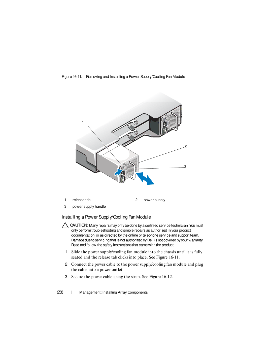 Dell MD3600f, MD3620F owner manual Installing a Power Supply/Cooling Fan Module, 258 