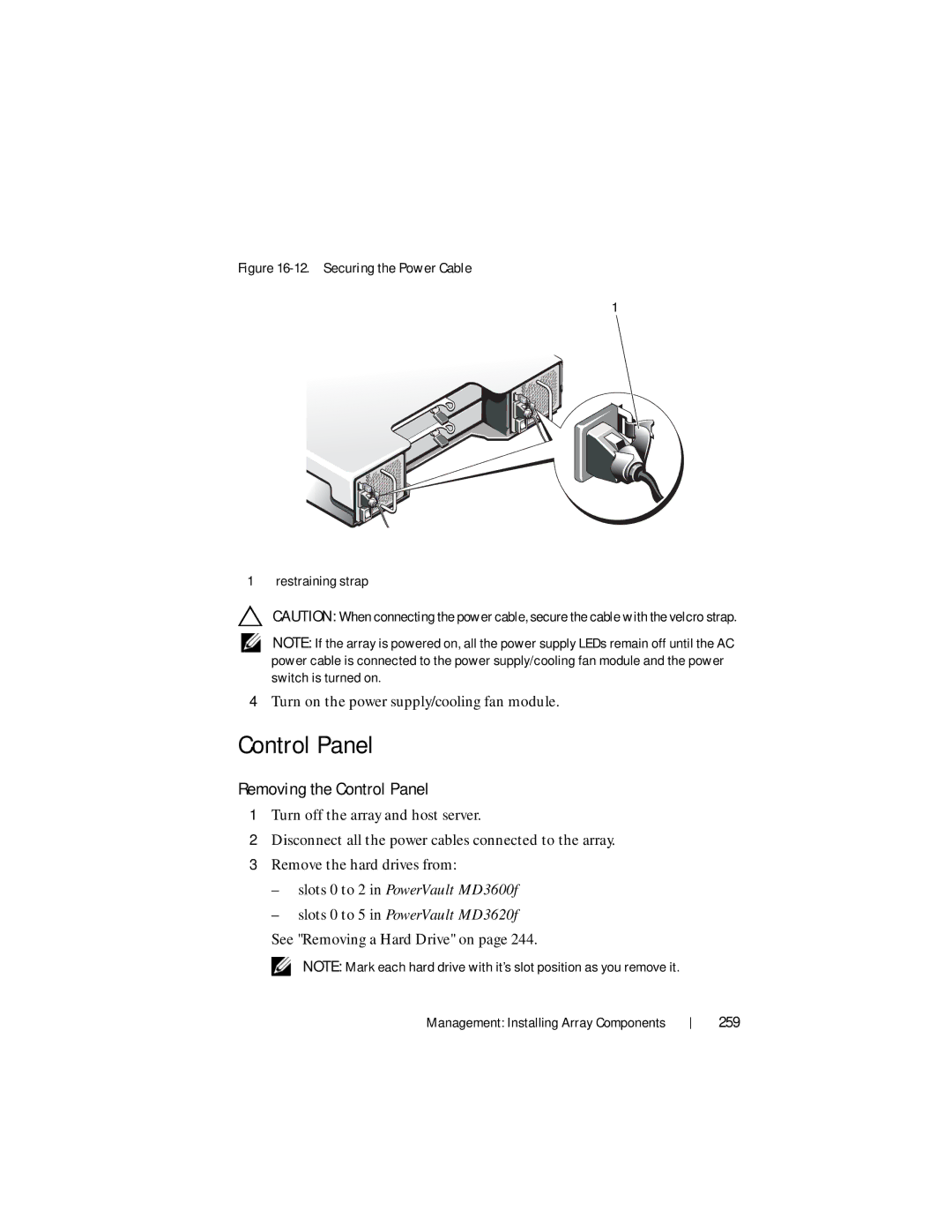 Dell MD3620F, MD3600f owner manual Removing the Control Panel, 259 