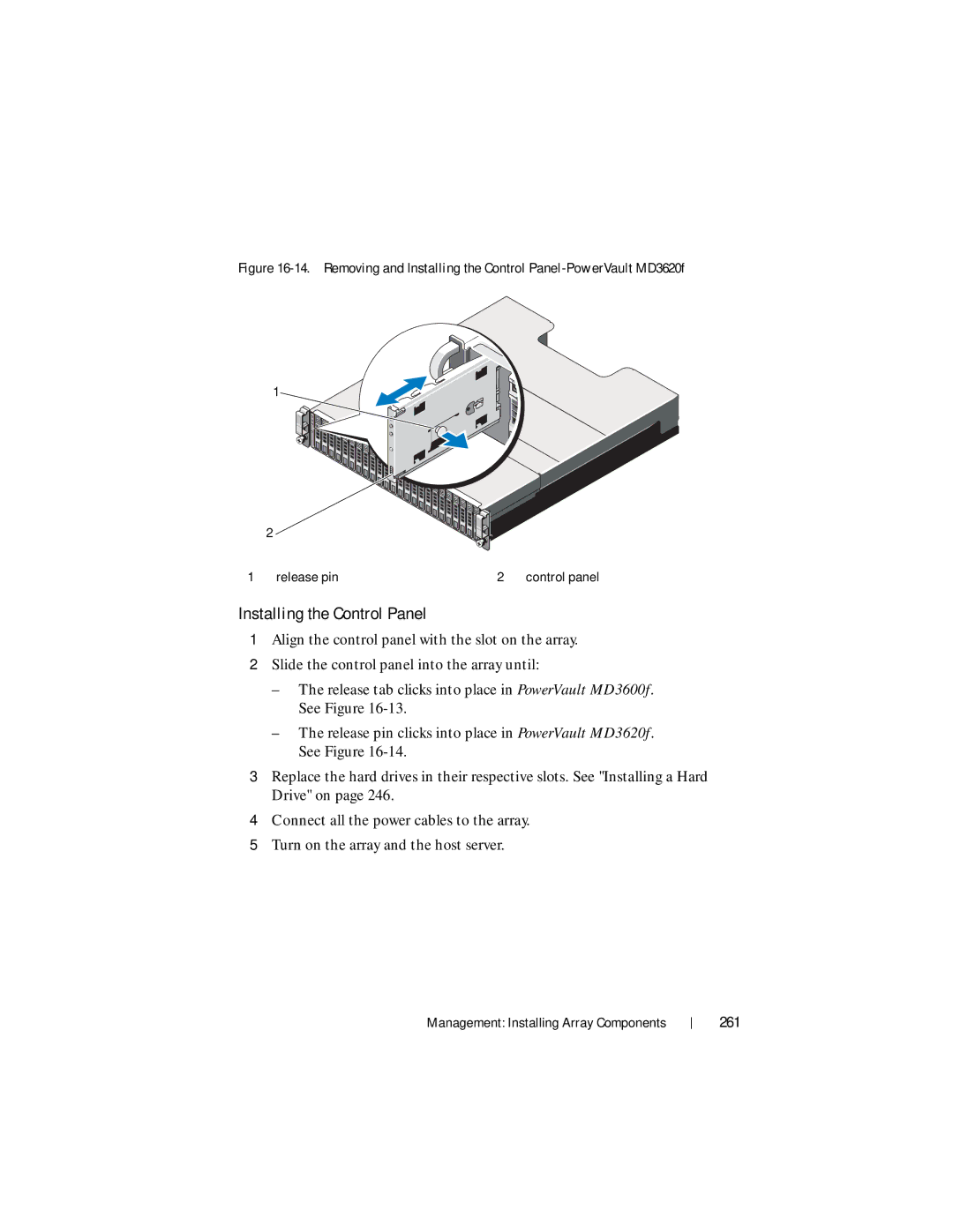 Dell MD3620F, MD3600f owner manual Installing the Control Panel, 261 