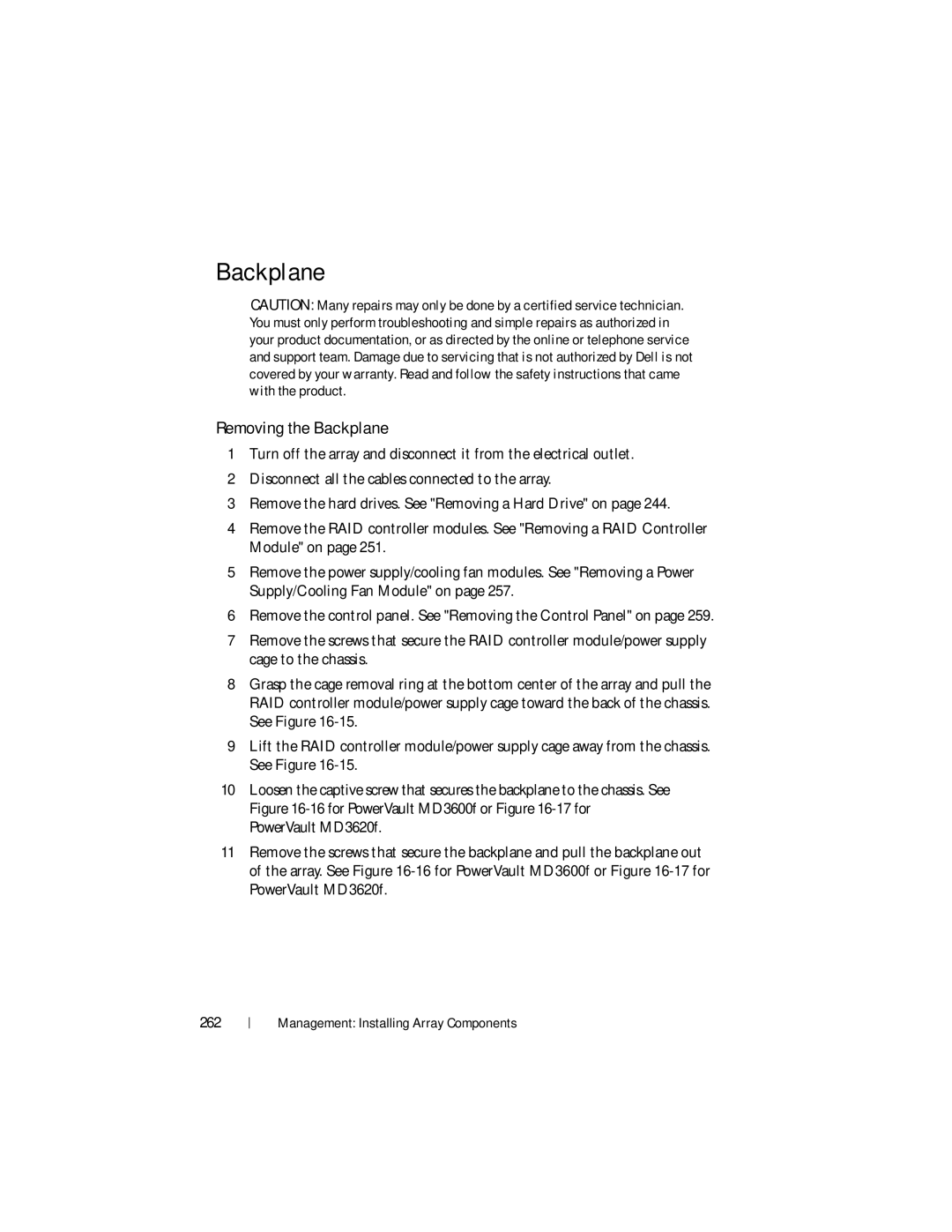 Dell MD3600f, MD3620F owner manual Removing the Backplane, 262 