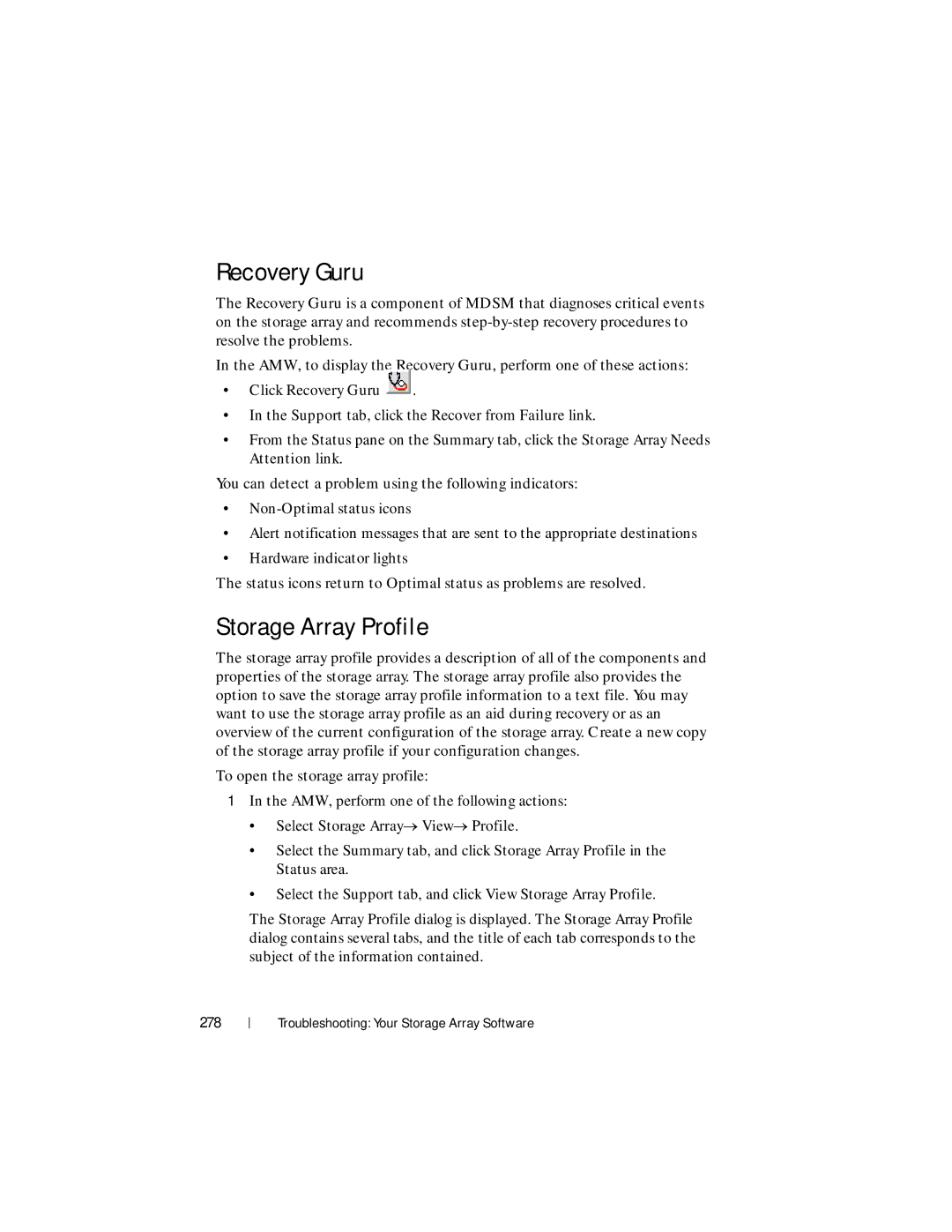 Dell MD3600f, MD3620F owner manual Recovery Guru, Storage Array Profile, 278 