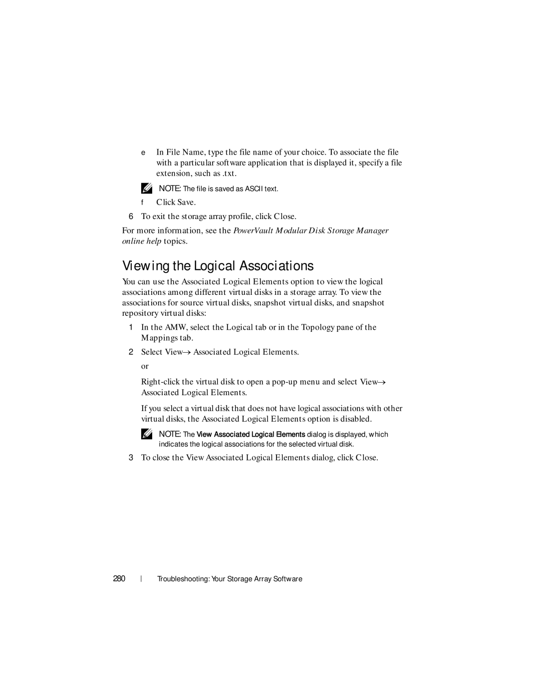 Dell MD3600f, MD3620F owner manual Viewing the Logical Associations, Select View→ Associated Logical Elements. or, 280 