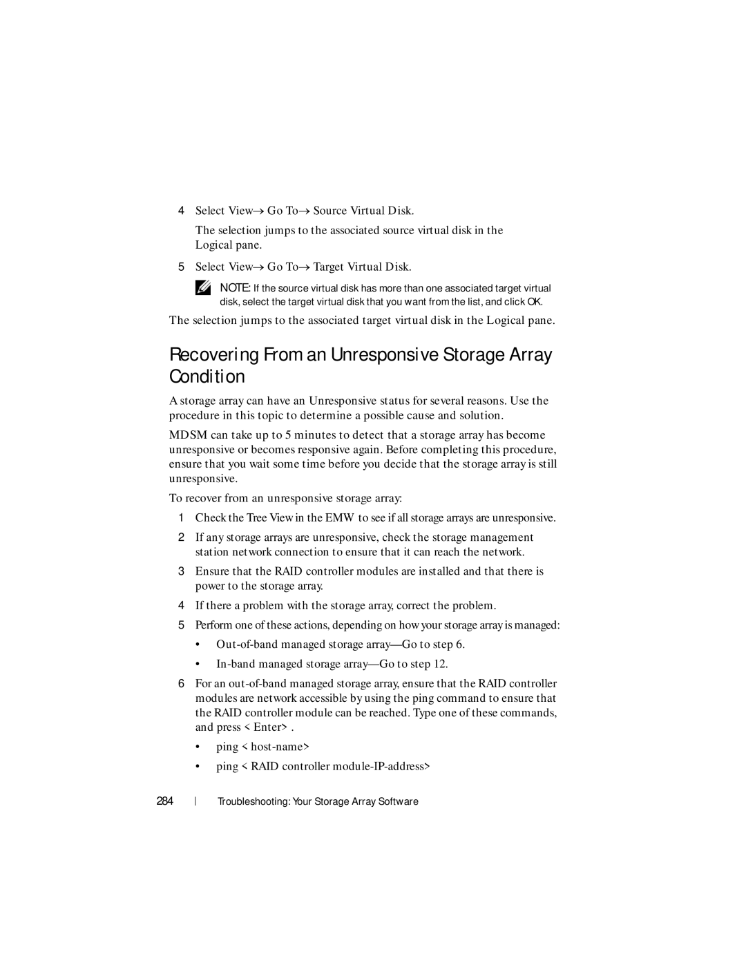 Dell MD3600f Recovering From an Unresponsive Storage Array Condition, Select View→ Go To→ Source Virtual Disk, 284 