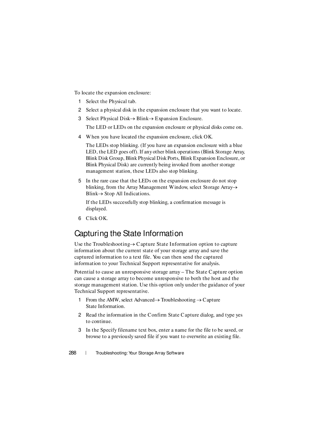 Dell MD3600f, MD3620F owner manual Capturing the State Information, Select Physical Disk→ Blink→ Expansion Enclosure, 288 