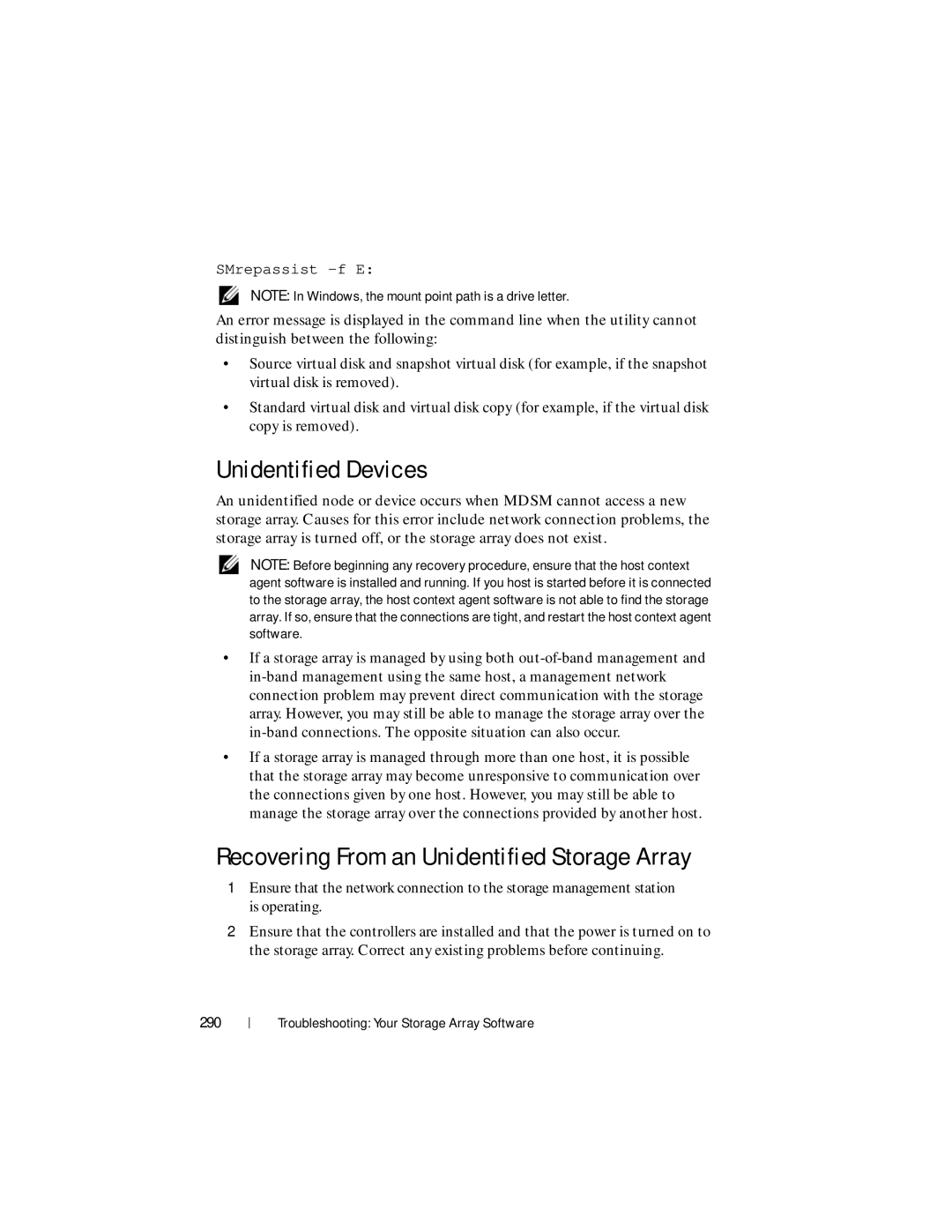 Dell MD3600f, MD3620F owner manual Unidentified Devices, Recovering From an Unidentified Storage Array, 290 