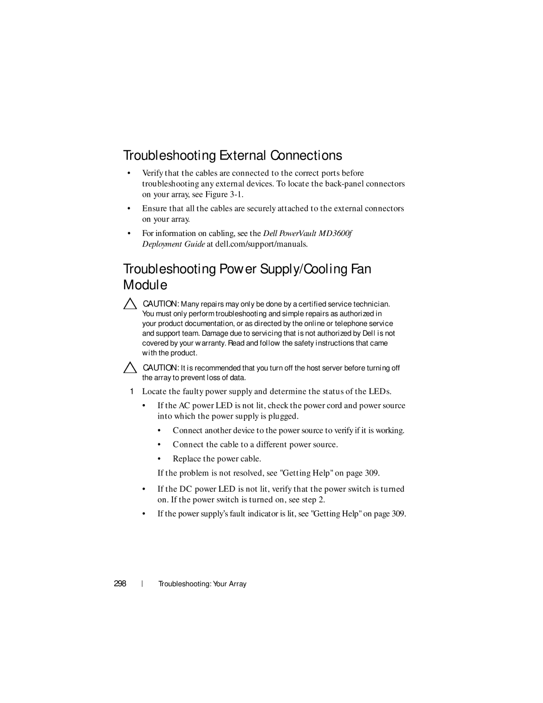 Dell MD3600f, MD3620F Troubleshooting External Connections, Troubleshooting Power Supply/Cooling Fan Module, 298 