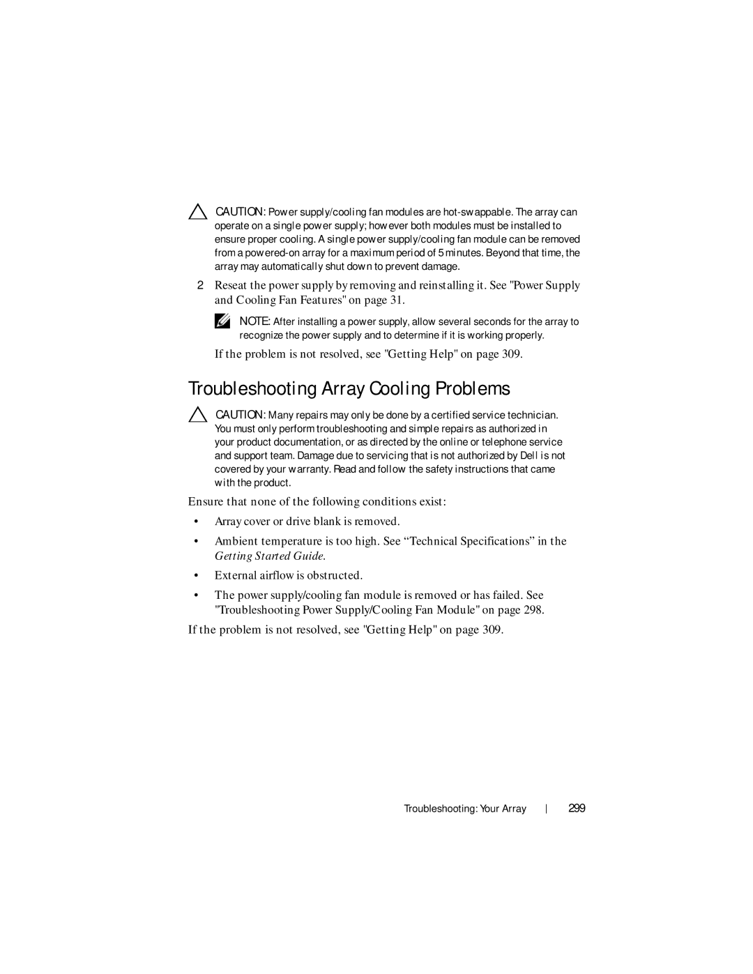 Dell MD3620F, MD3600f owner manual Troubleshooting Array Cooling Problems, 299 