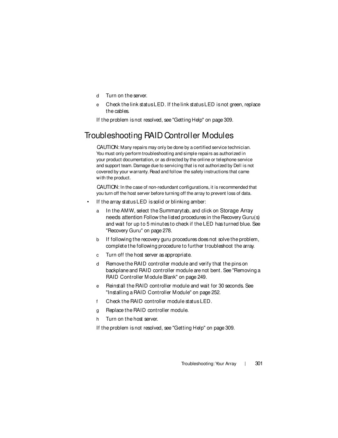 Dell MD3620F, MD3600f owner manual Troubleshooting RAID Controller Modules, 301 