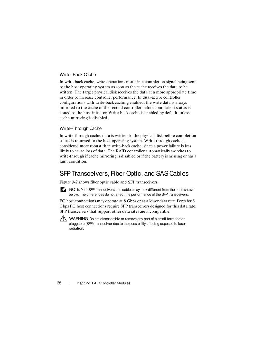 Dell MD3600f, MD3620F owner manual SFP Transceivers, Fiber Optic, and SAS Cables, Write-Back Cache, Write-Through Cache 