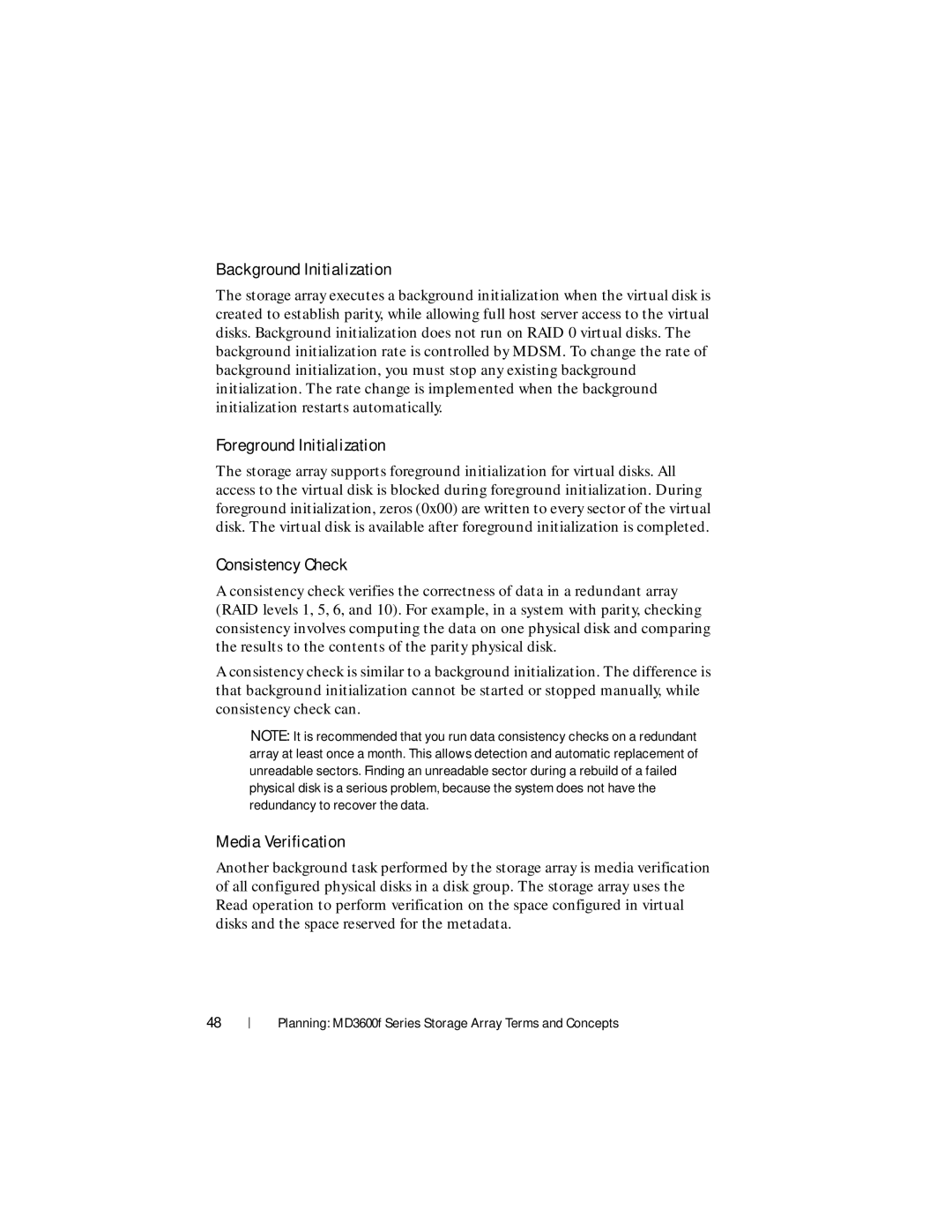 Dell MD3600f, MD3620F Background Initialization, Foreground Initialization, Consistency Check, Media Verification 