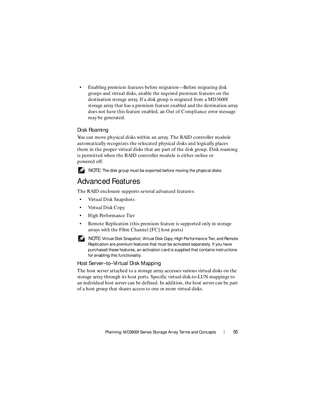 Dell MD3620F, MD3600f owner manual Advanced Features, Disk Roaming, Host Server-to-Virtual Disk Mapping 