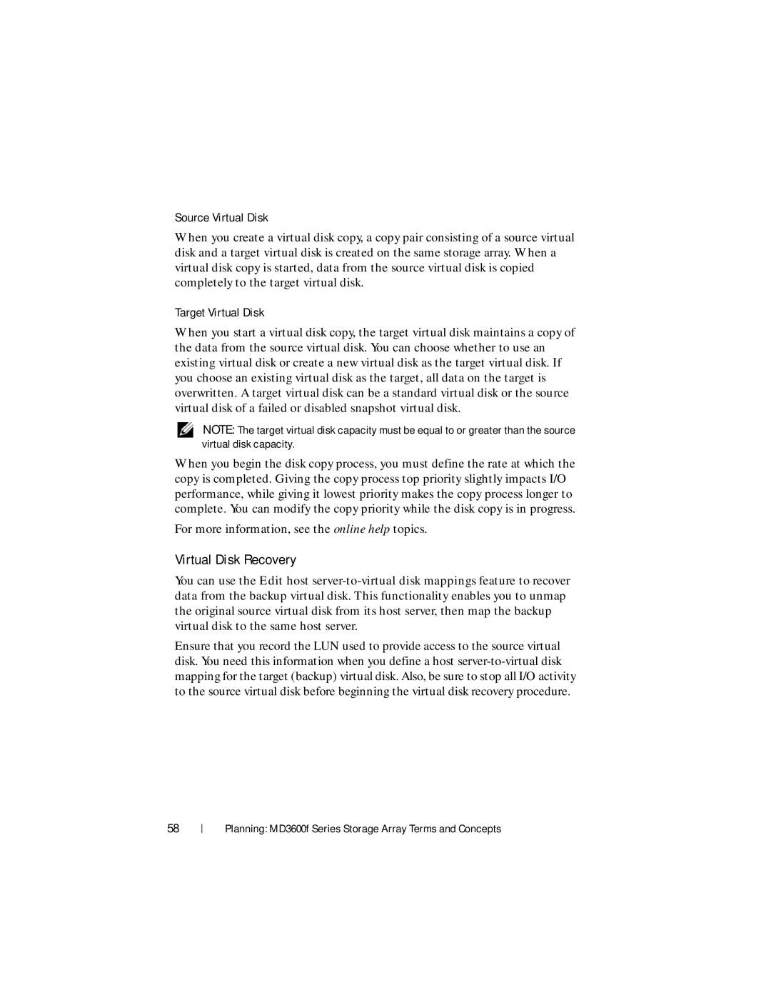 Dell MD3600f, MD3620F owner manual Virtual Disk Recovery, Source Virtual Disk, Target Virtual Disk 