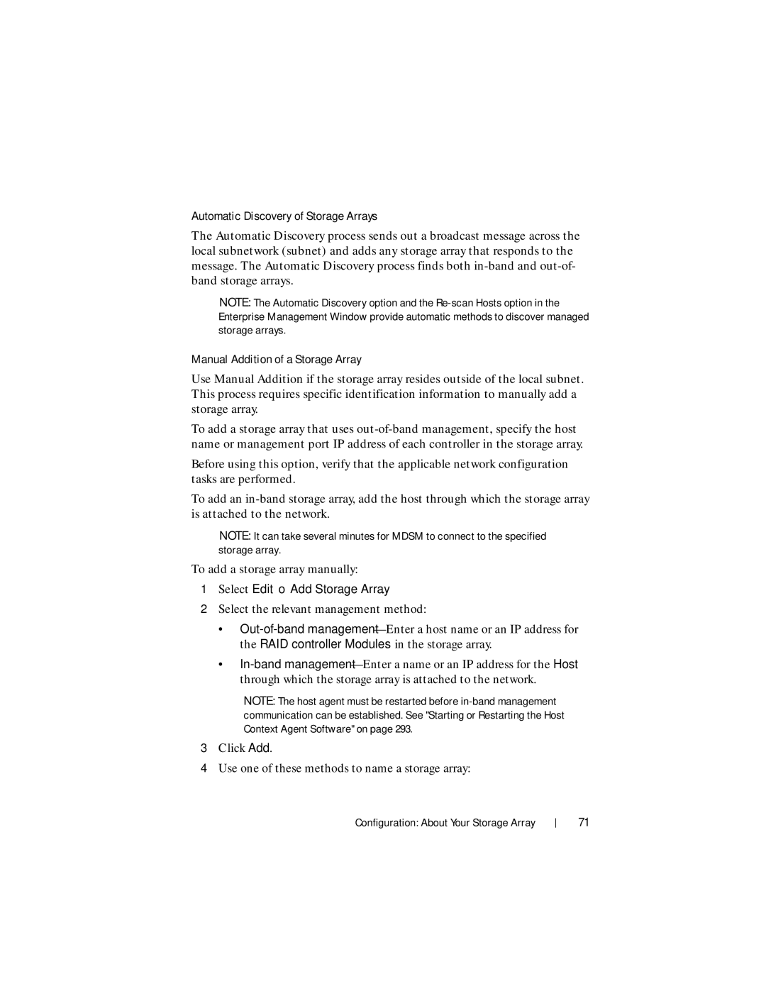 Dell MD3620F Automatic Discovery of Storage Arrays, Manual Addition of a Storage Array, Select Edit→ Add Storage Array 