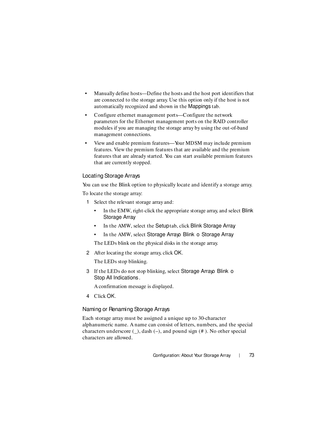 Dell MD3620F Locating Storage Arrays, Naming or Renaming Storage Arrays, AMW, select Storage Array→ Blink→ Storage Array 
