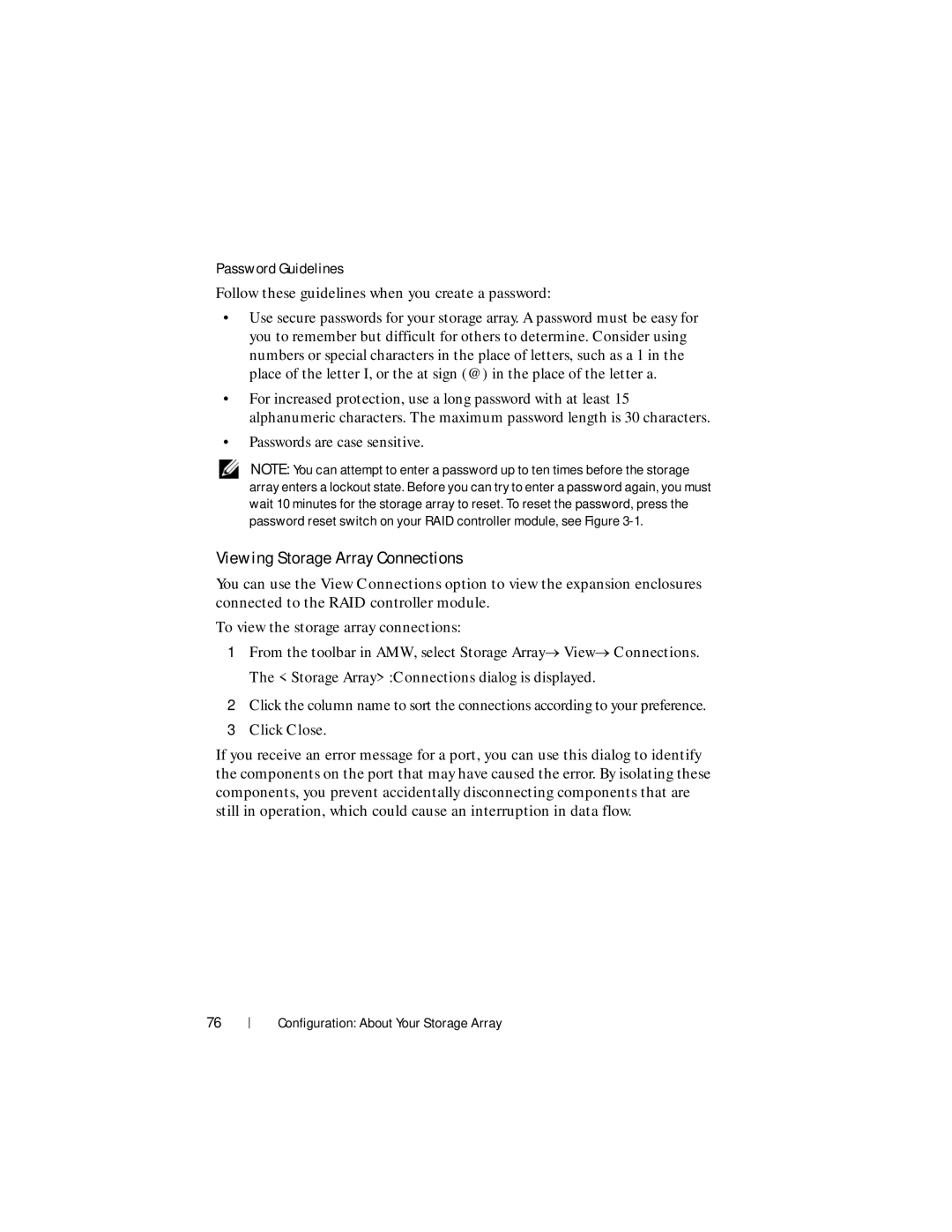 Dell MD3600f, MD3620F owner manual Viewing Storage Array Connections, Password Guidelines 