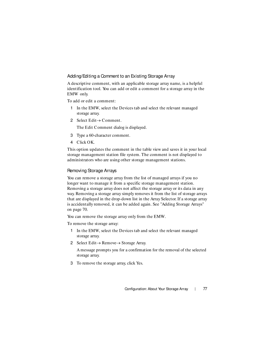 Dell MD3620F, MD3600f Adding/Editing a Comment to an Existing Storage Array, Removing Storage Arrays, Select Edit→ Comment 