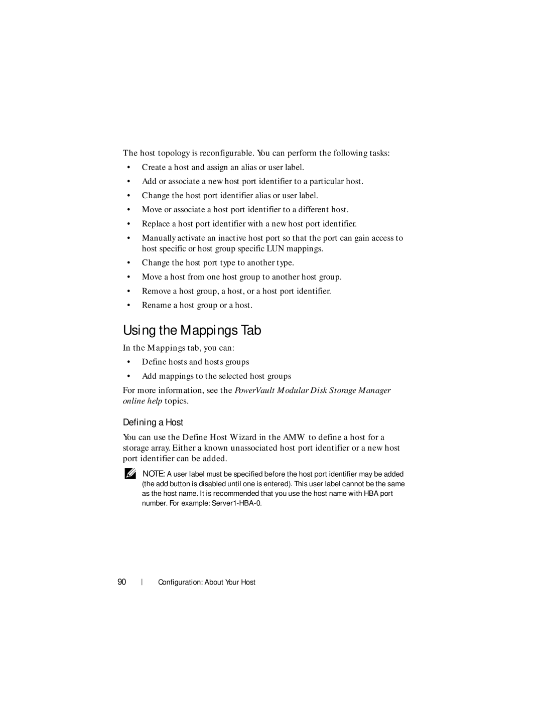 Dell MD3600f, MD3620F owner manual Using the Mappings Tab, Defining a Host 