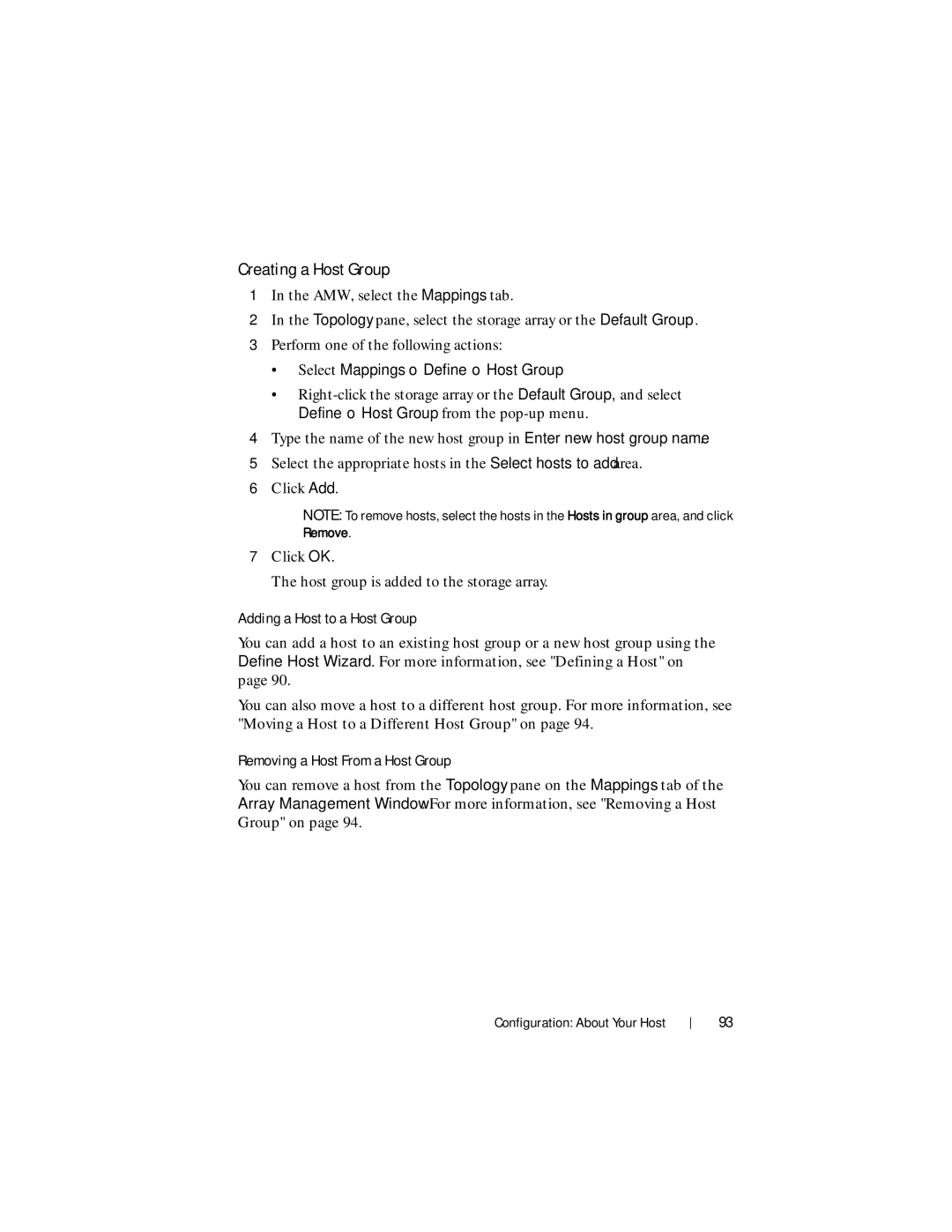 Dell MD3620F, MD3600f owner manual Creating a Host Group, Select Mappings→ Define→ Host Group, Adding a Host to a Host Group 