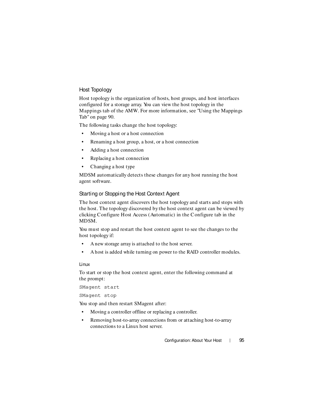 Dell MD3620F, MD3600f owner manual Host Topology, Starting or Stopping the Host Context Agent, Linux 