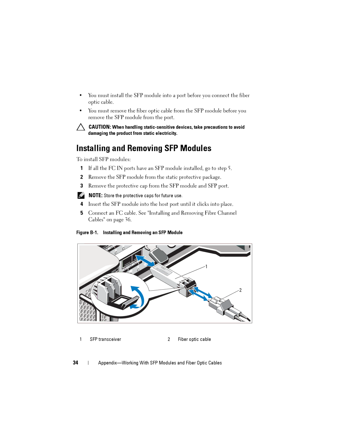 Dell MD3600f, MD3620F manual Installing and Removing SFP Modules, Figure B-1. Installing and Removing an SFP Module 