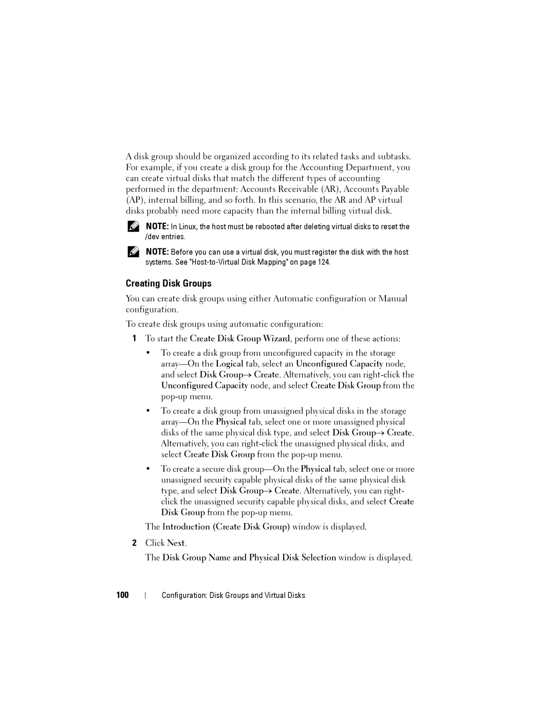 Dell MD3600f, MD3620F owner manual Creating Disk Groups, Introduction Create Disk Group window is displayed, 100 