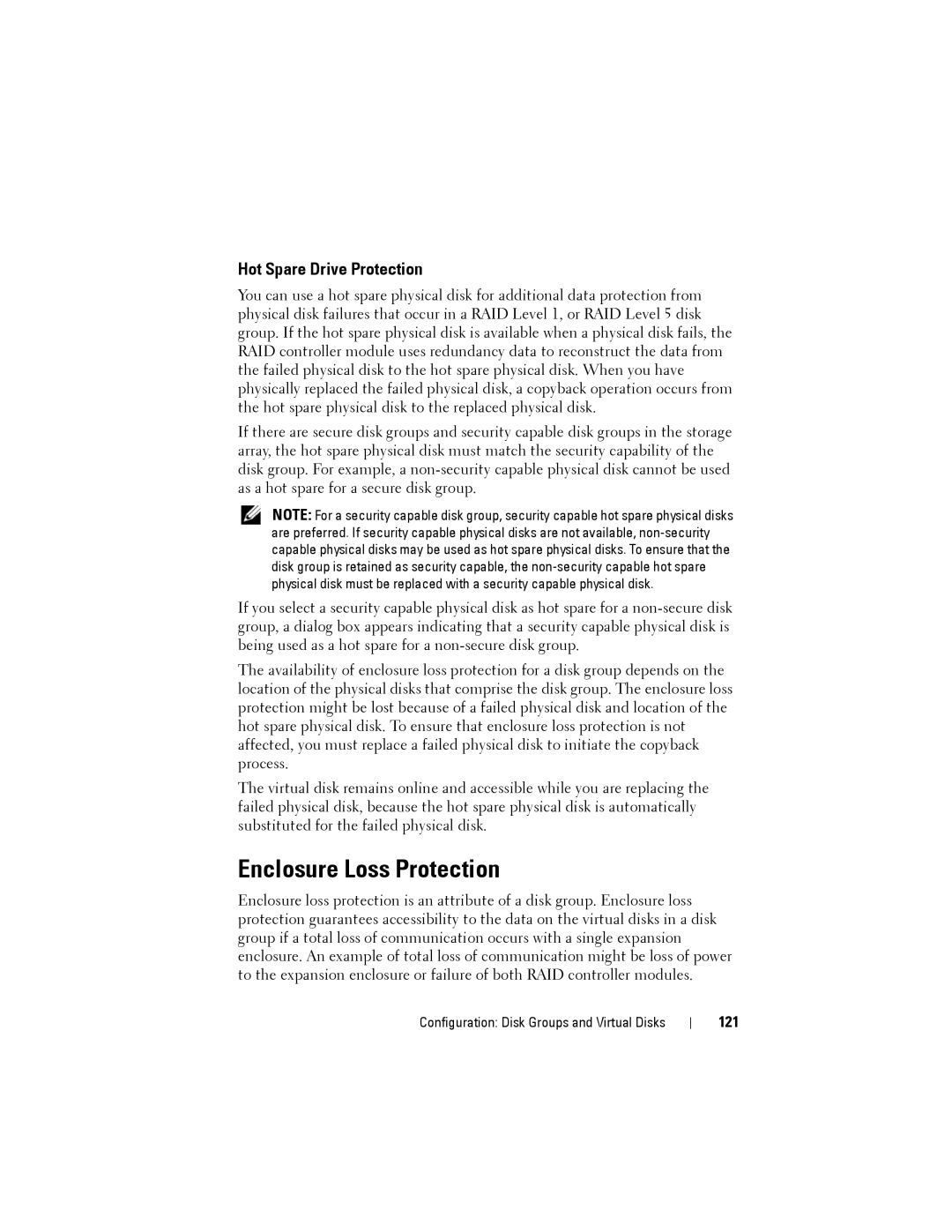 Dell MD3620F, MD3600f owner manual Enclosure Loss Protection, Hot Spare Drive Protection, 121 