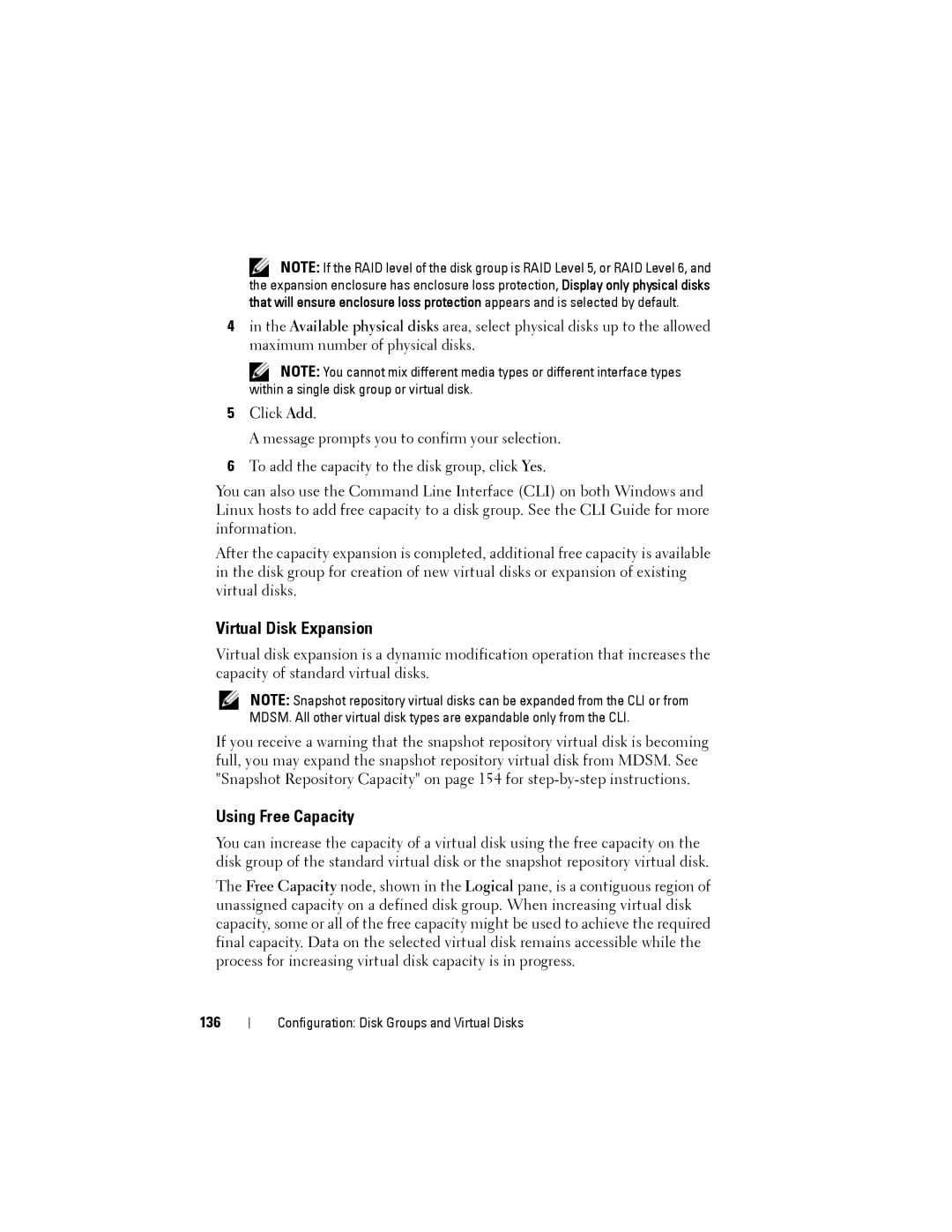 Dell MD3600f, MD3620F owner manual Virtual Disk Expansion, Using Free Capacity, 136 