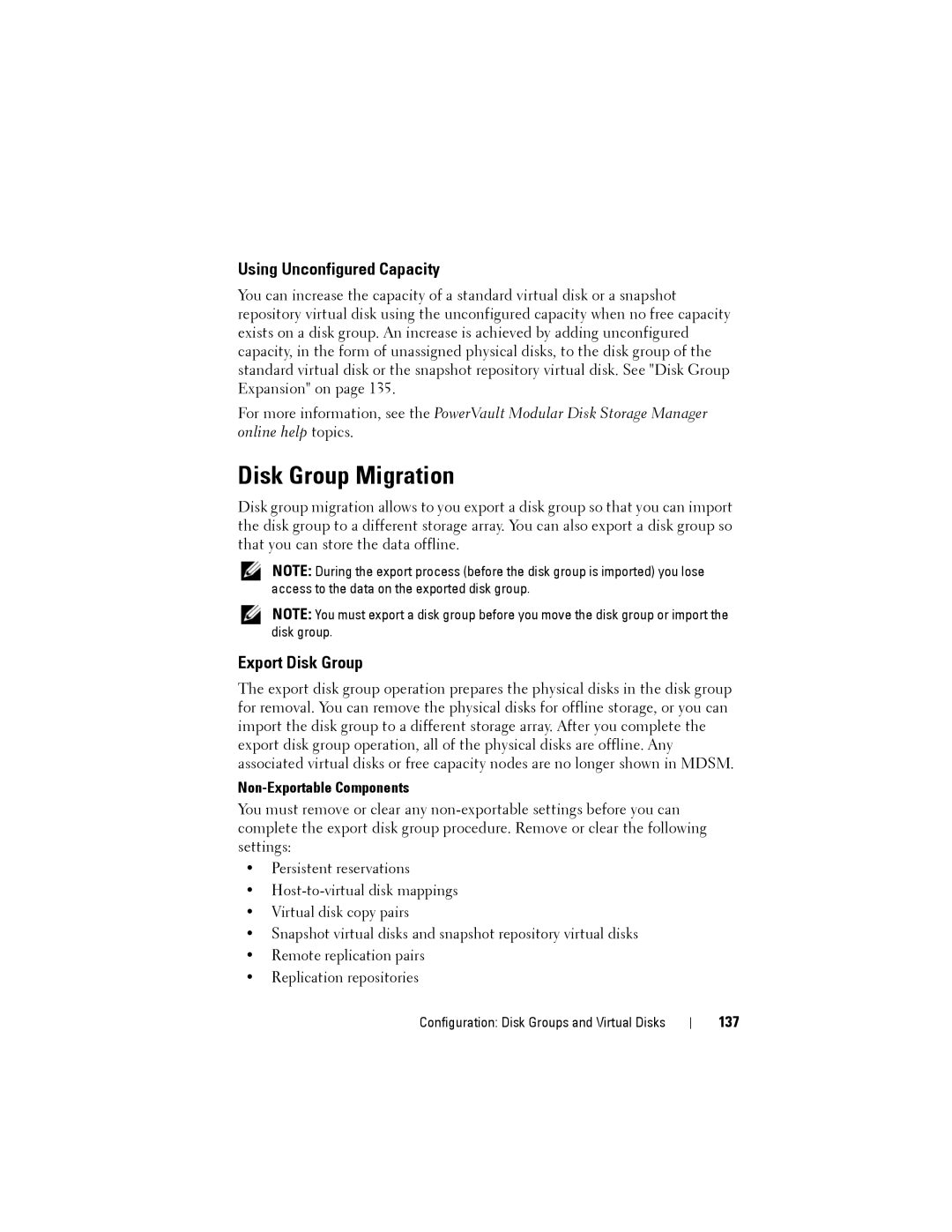 Dell MD3620F, MD3600f Disk Group Migration, Using Unconfigured Capacity, Export Disk Group, Non-Exportable Components, 137 