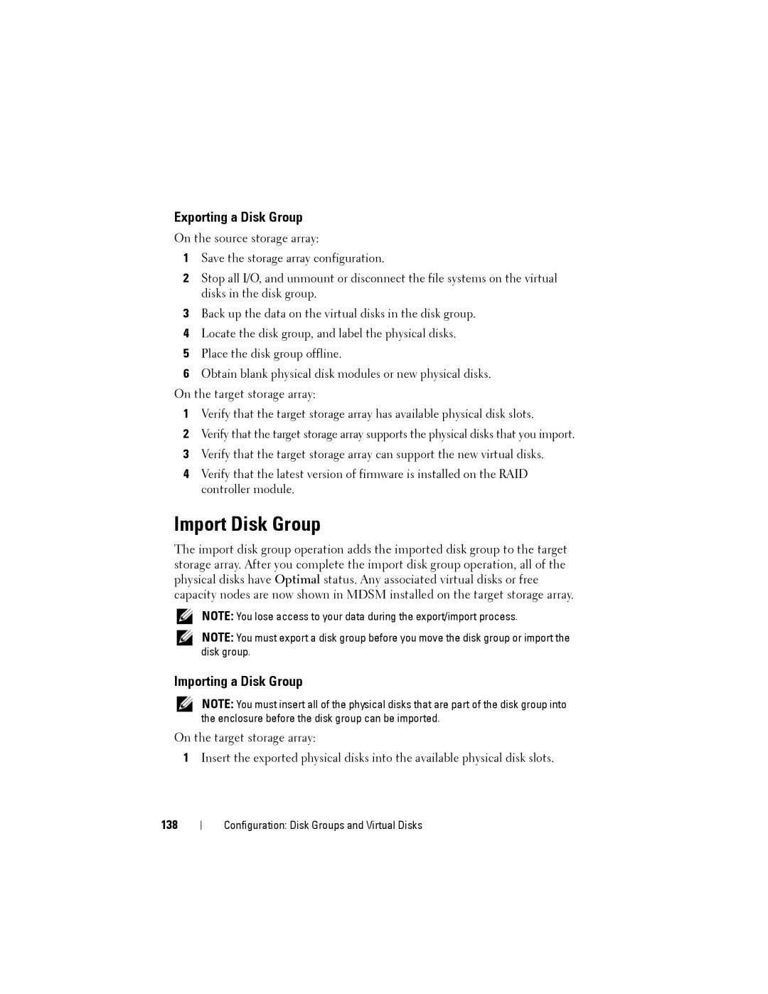 Dell MD3600f, MD3620F owner manual Import Disk Group, Exporting a Disk Group, Importing a Disk Group, 138 