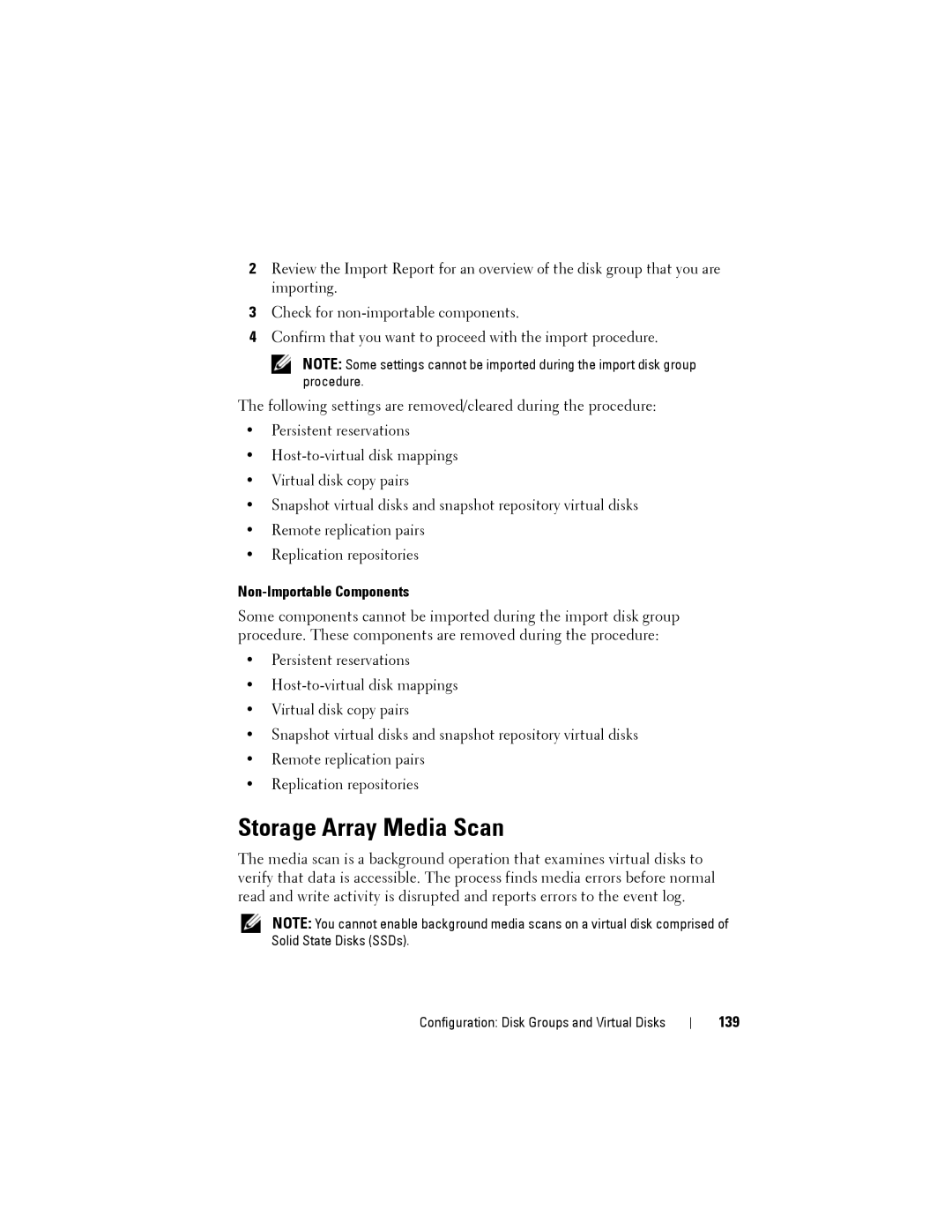 Dell MD3620F, MD3600f owner manual Storage Array Media Scan, Non-Importable Components, 139 