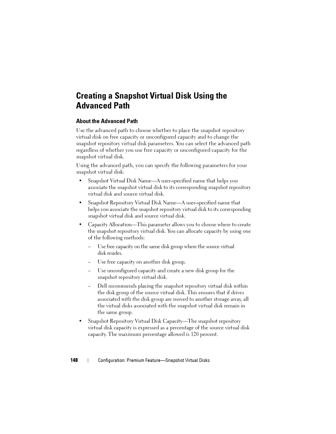 Dell MD3600f, MD3620F owner manual Creating a Snapshot Virtual Disk Using the Advanced Path, About the Advanced Path, 148 