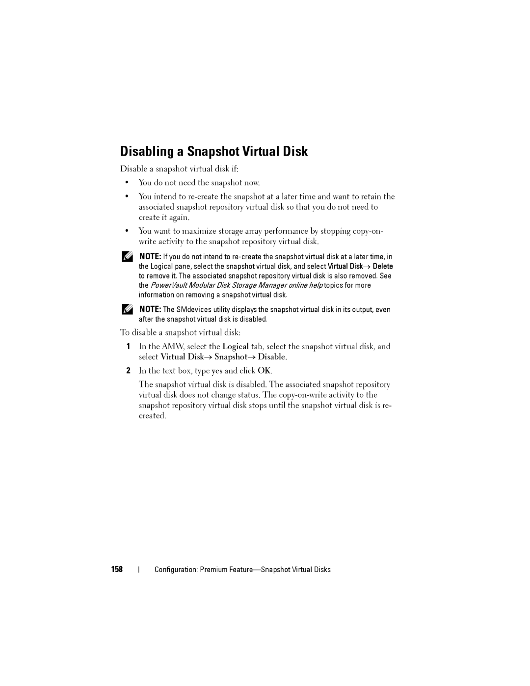 Dell MD3600f, MD3620F owner manual Disabling a Snapshot Virtual Disk, 158 