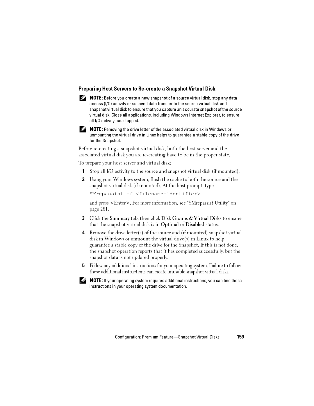 Dell MD3620F, MD3600f owner manual Preparing Host Servers to Re-create a Snapshot Virtual Disk, 159 