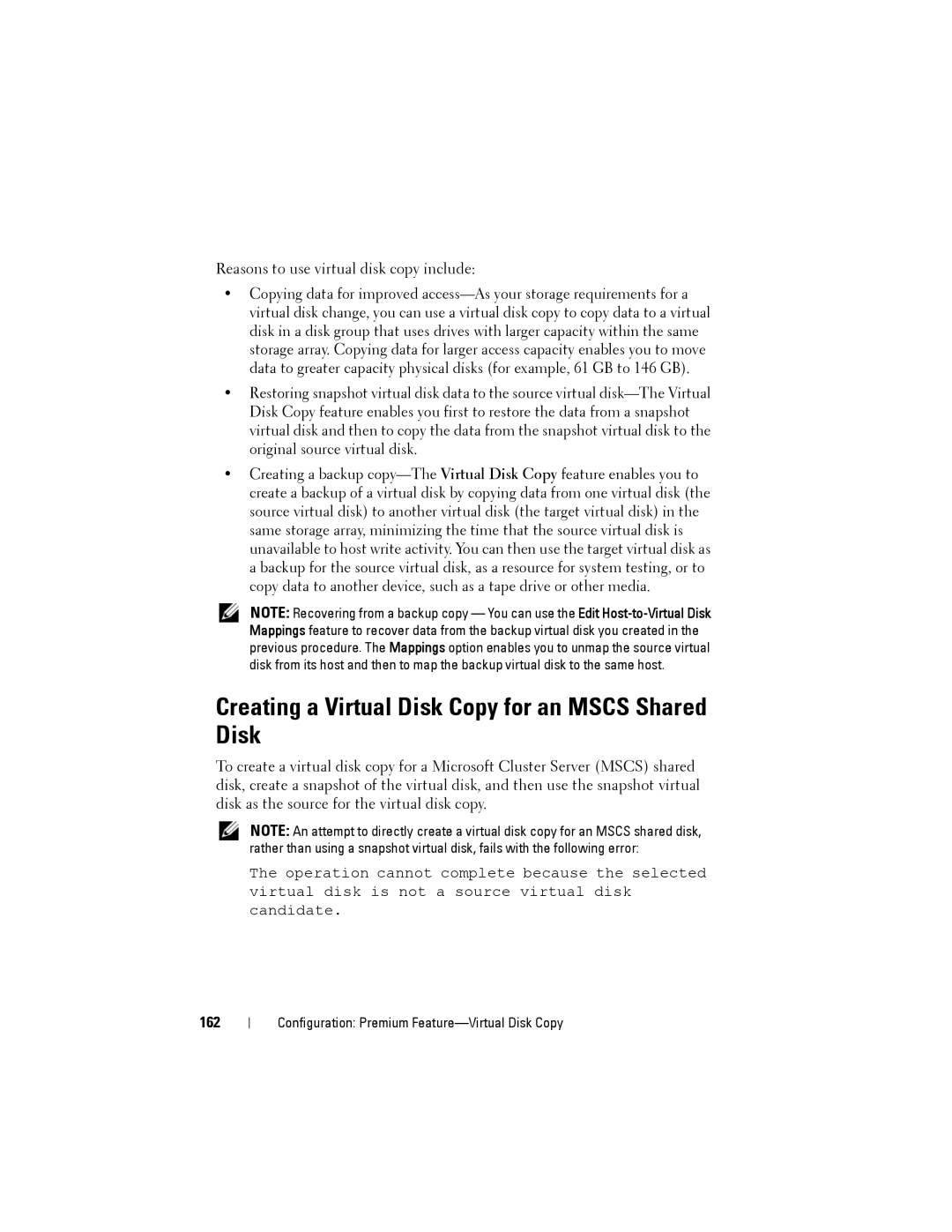 Dell MD3600f, MD3620F owner manual Creating a Virtual Disk Copy for an Mscs Shared Disk, 162 