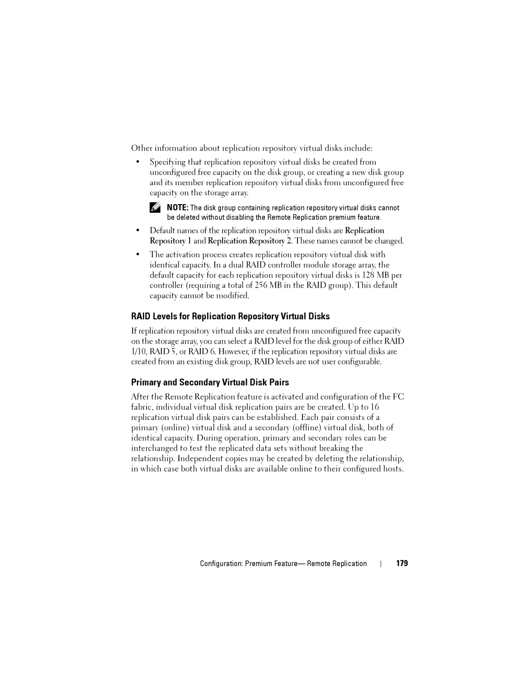 Dell MD3620F, MD3600f RAID Levels for Replication Repository Virtual Disks, Primary and Secondary Virtual Disk Pairs, 179 