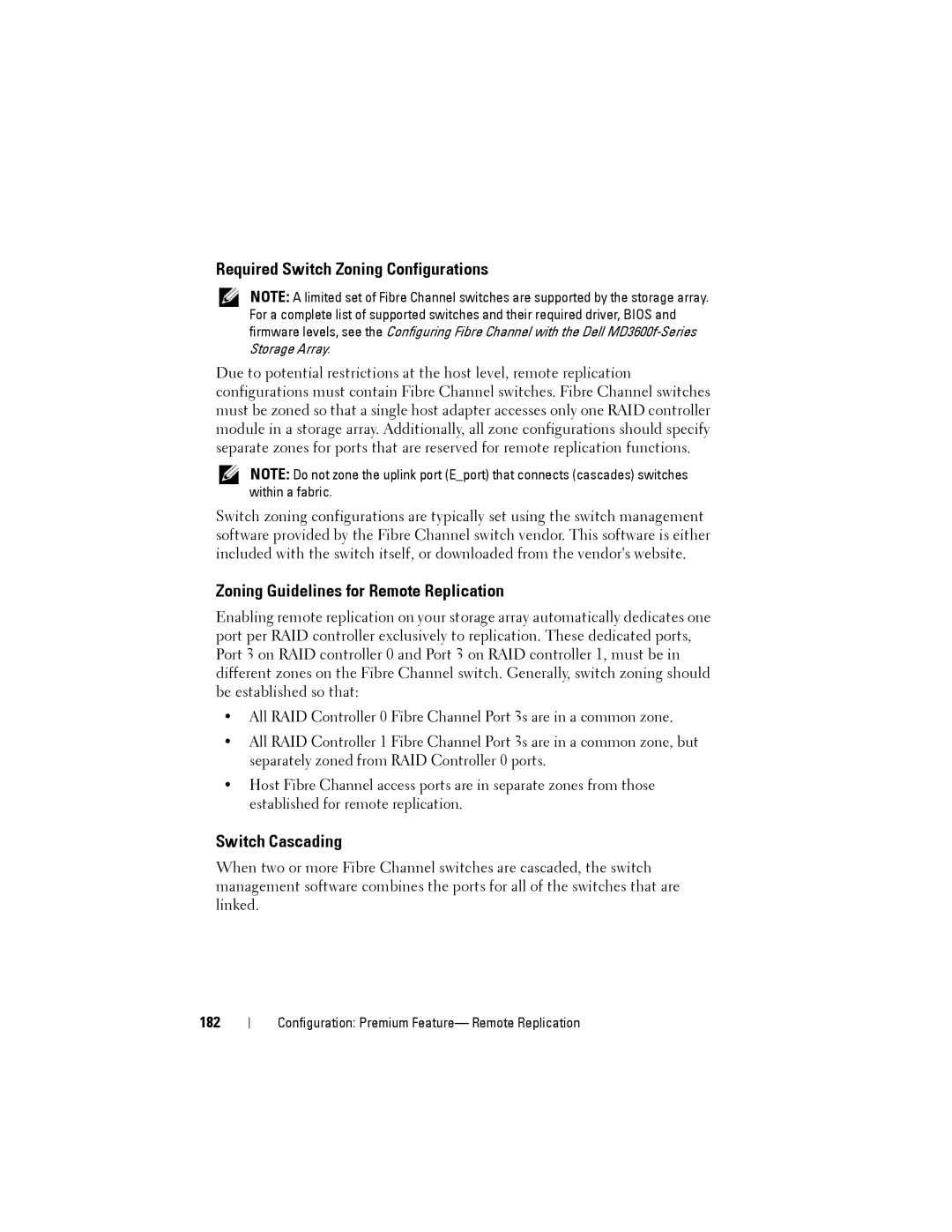 Dell MD3600f Required Switch Zoning Configurations, Zoning Guidelines for Remote Replication, Switch Cascading, 182 