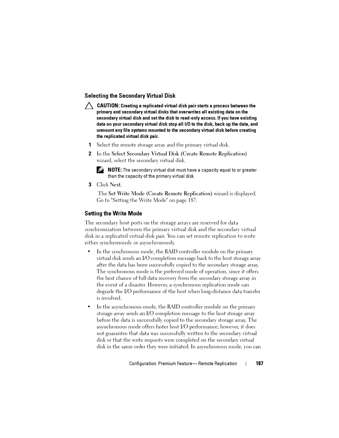 Dell MD3620F, MD3600f owner manual Selecting the Secondary Virtual Disk, Setting the Write Mode, 187 