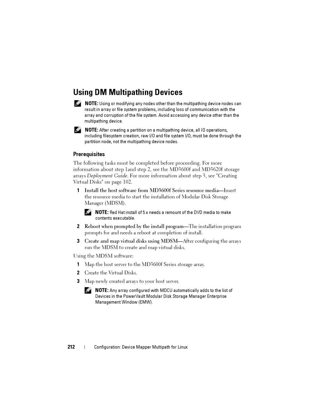 Dell MD3600f, MD3620F owner manual Using DM Multipathing Devices, Prerequisites, 212 