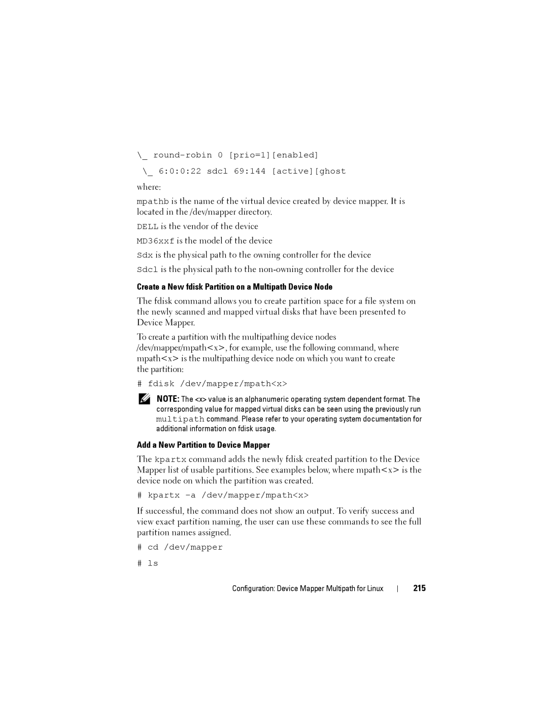 Dell MD3620F, MD3600f Create a New fdisk Partition on a Multipath Device Node, Add a New Partition to Device Mapper, 215 