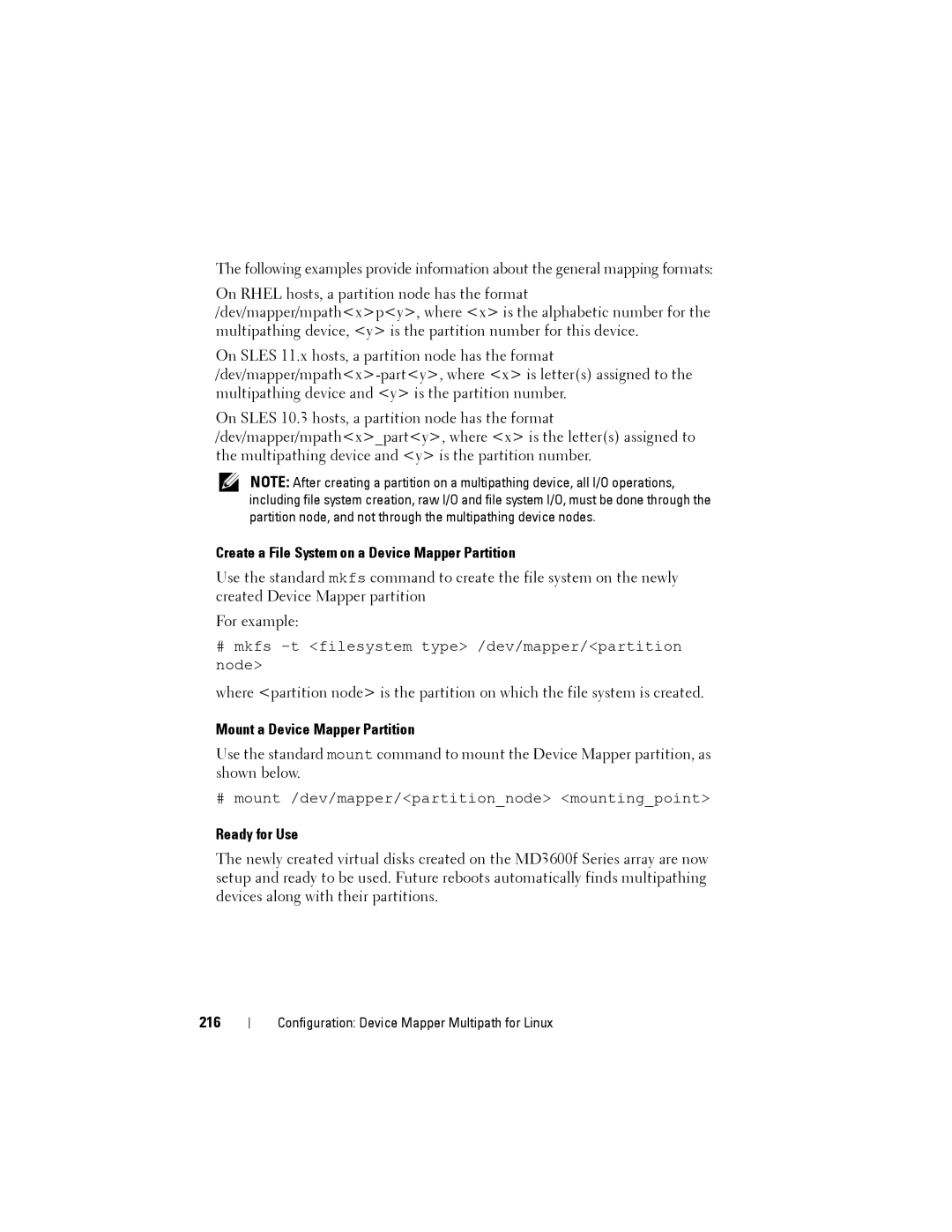 Dell MD3600f Create a File System on a Device Mapper Partition, Mount a Device Mapper Partition, Ready for Use, 216 